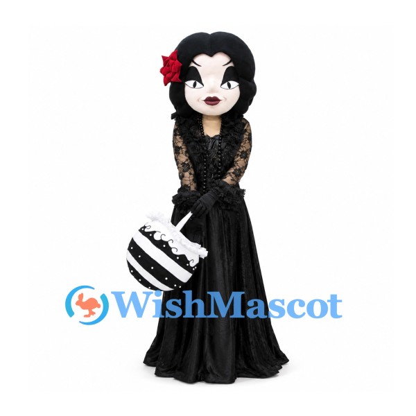 Woman Mascot Costume with Black Lace Gown and Red Hair Flower
