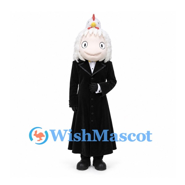 Wizard Mascot Costume with White Hair and Long Black Coat