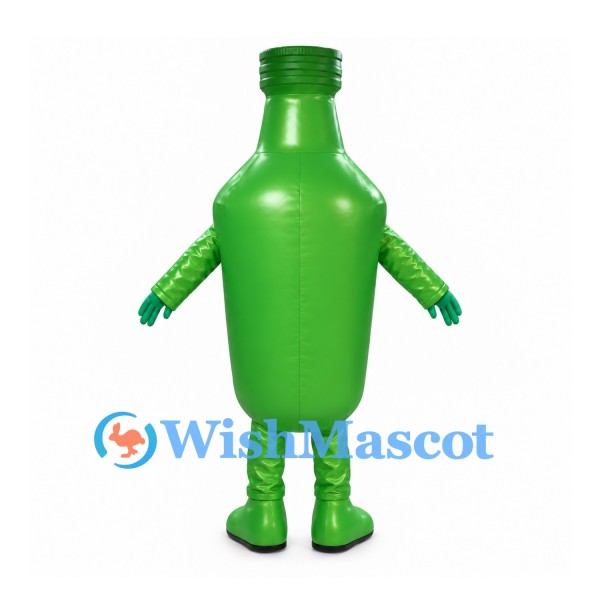 Bottle Mascot Costume in Green with White Label and Smiling Face