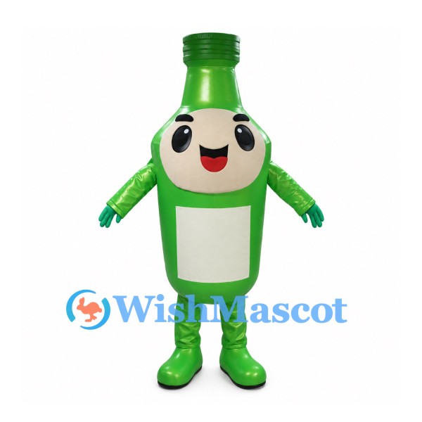 Bottle Mascot Costume in Green with White Label and Smiling Face