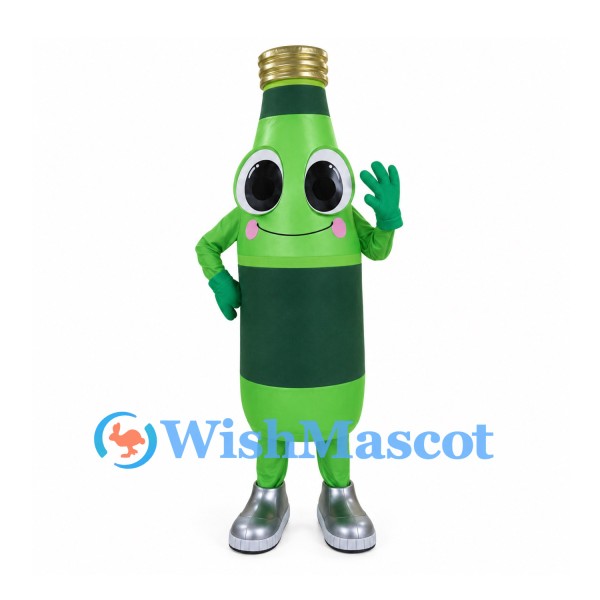 Bottle Mascot Costume in Light Green with Dark Label and Silver Shoes