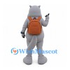 Hippo Mascot Costume in Gray with Brown Backpack