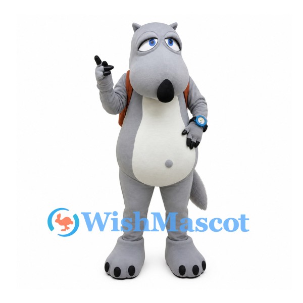 Hippo Mascot Costume in Gray with Brown Backpack