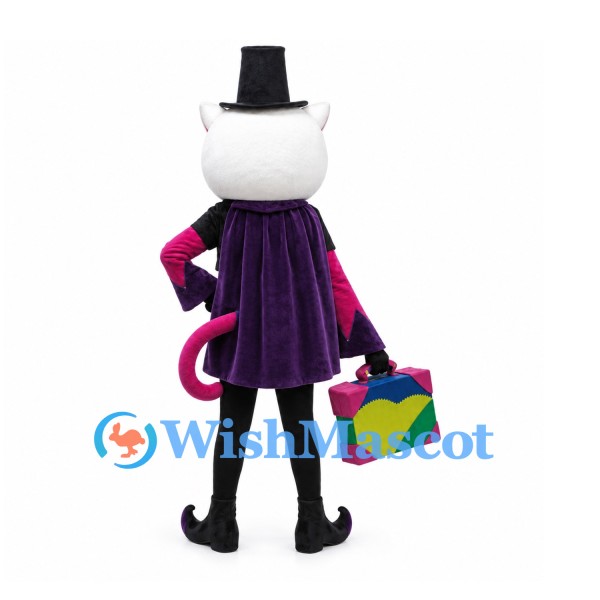 Cat Mascot Costume with Black Top Hat and Purple Magician Outfit