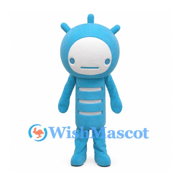 Robot Mascot Costume in Blue with White Face and Chest Stripes