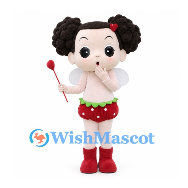 Cupid Mascot Costume with Curly Hair, White Wings and Strawberry Shorts