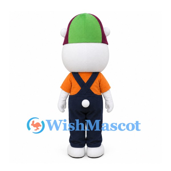 Worker Mascot Costume with Green Helmet and Navy Overalls