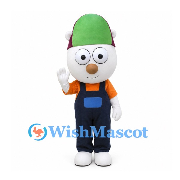 Worker Mascot Costume with Green Helmet and Navy Overalls