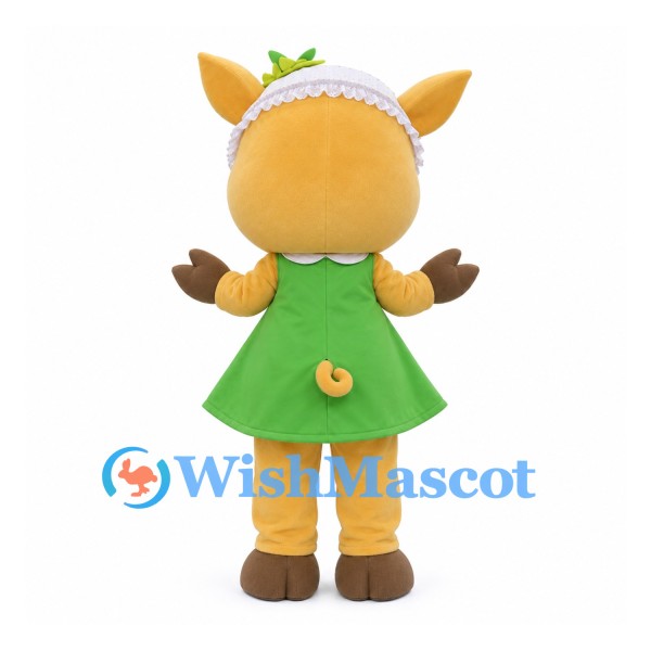 Pig Mascot Costume in Yellow with Green Dress and White Bonnet