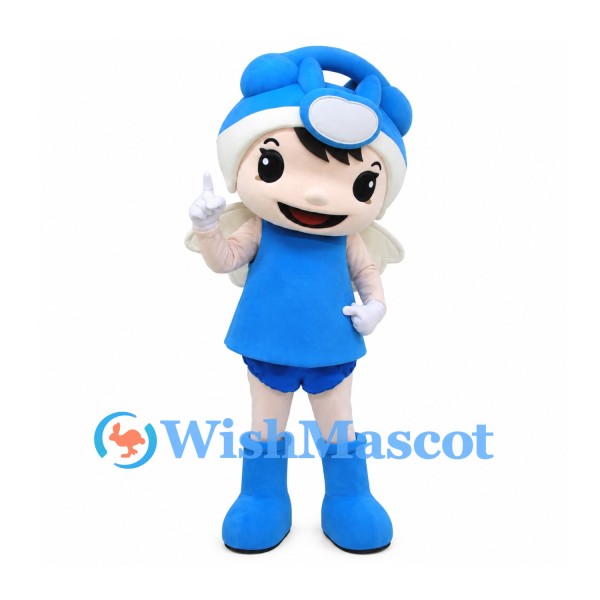 Boy Mascot Costume with Blue Helmet, Outfit and Small White Wings