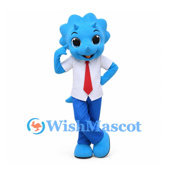 Dinosaur Mascot Costume in Blue with White Shirt and Red Tie