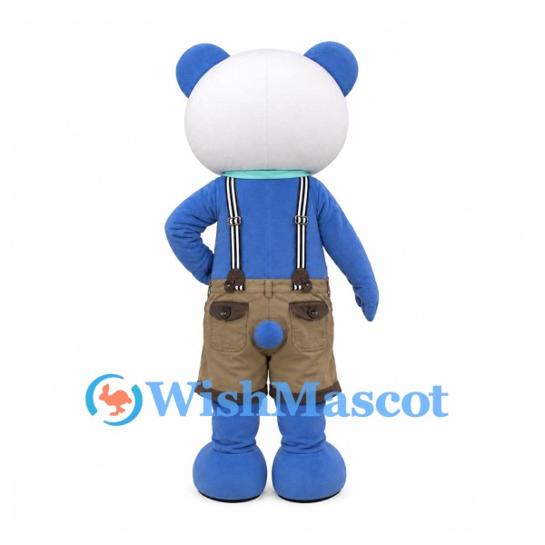 Panda Mascot Costume in Blue and White with Brown Suspender Shorts