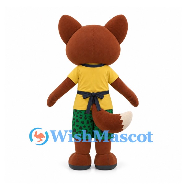 Fox Mascot Costume with Yellow Shirt, Green Shorts and Dark Apron