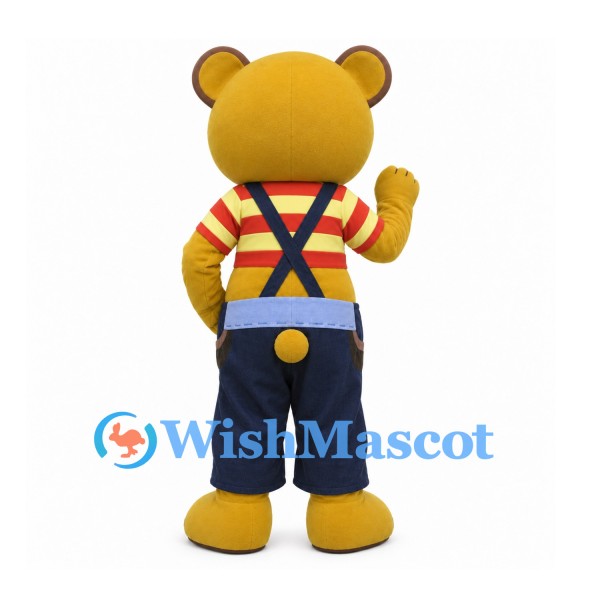 Bear Mascot Costume with Red Striped Shirt and Navy Overalls