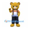 Bear Mascot Costume with Red Striped Shirt and Navy Overalls