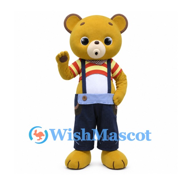 Bear Mascot Costume with Red Striped Shirt and Navy Overalls