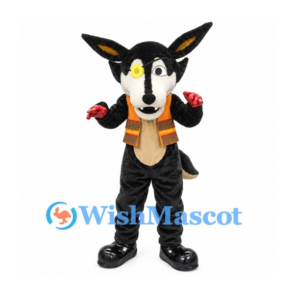 Wolf Mascot Costume in Black with Orange Fringed Vest