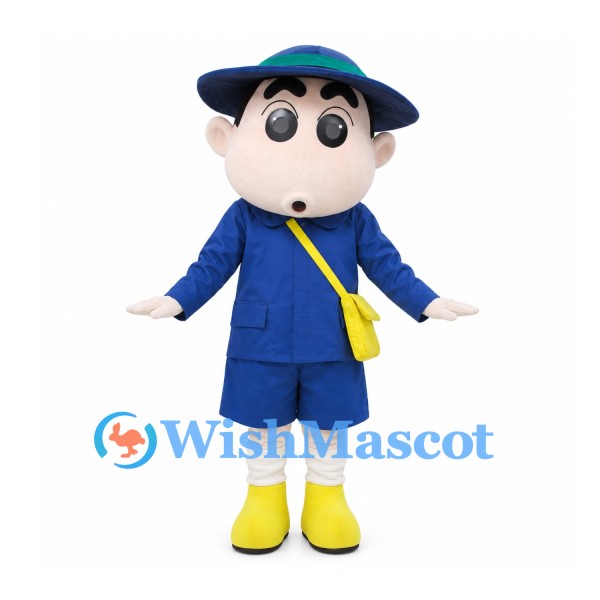 Boy Mascot Costume with Blue Hat, Uniform and Yellow Shoulder Bag