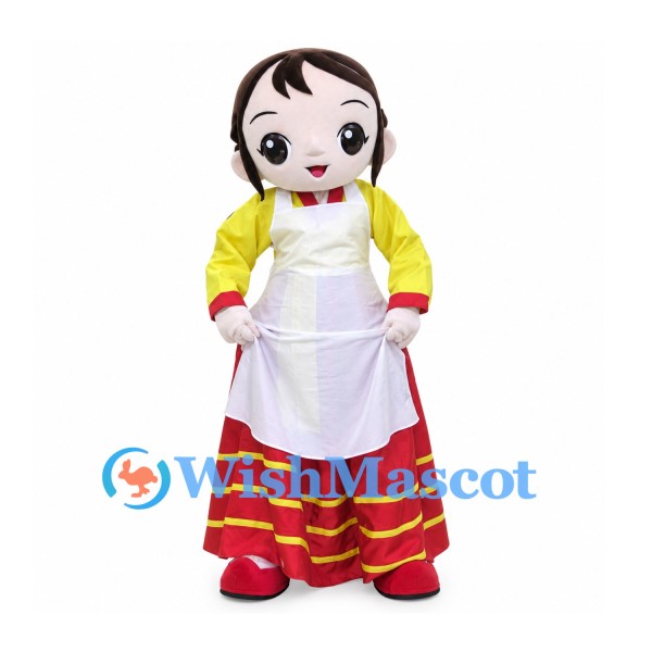 Girl Mascot Costume with Yellow Blouse, Red Skirt and White Apron