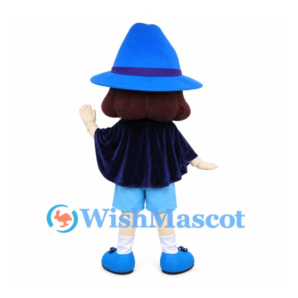 Wizard Mascot Costume with Blue Pointed Hat and Navy Cape