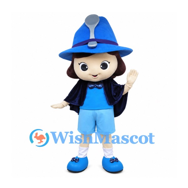 Wizard Mascot Costume with Blue Pointed Hat and Navy Cape