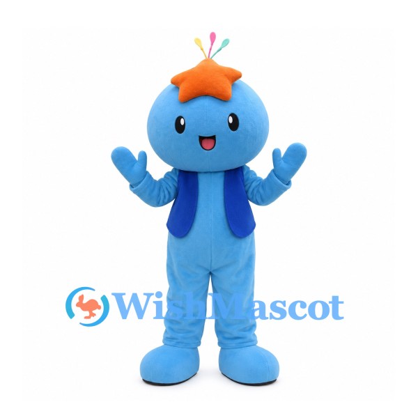Blue Character Mascot Costume with Orange Star Hat and Vest