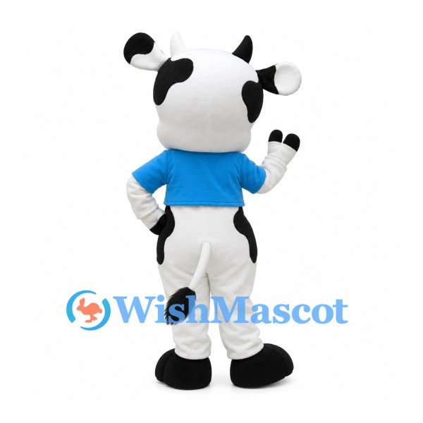 Cow Mascot Costume in Black and White with Blue Shirt