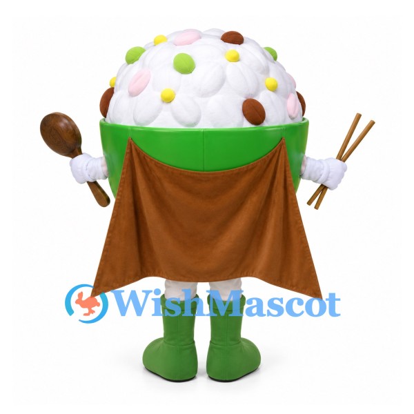 Rice Bowl Mascot Costume in Green with Spoon and Chopsticks