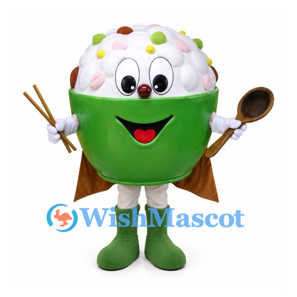 Rice Bowl Mascot Costume in Green with Spoon and Chopsticks