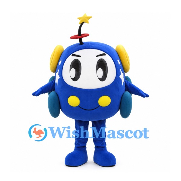 Helicopter Mascot Costume in Blue with Yellow Headphones