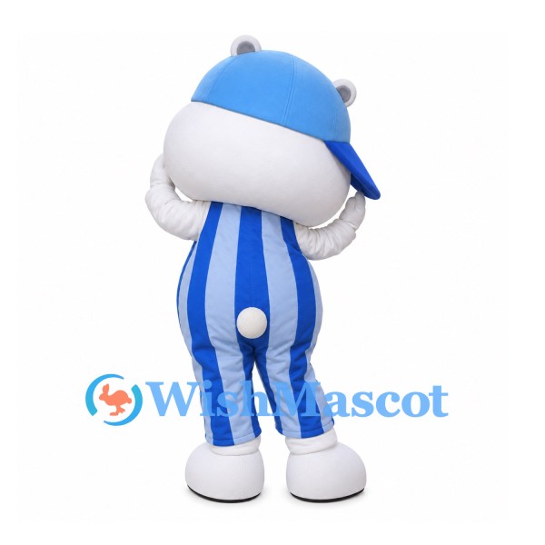 Bear Mascot Costume in White with Blue Cap and Striped Overalls