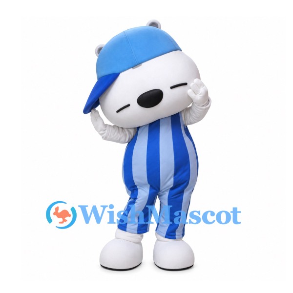 Bear Mascot Costume in White with Blue Cap and Striped Overalls