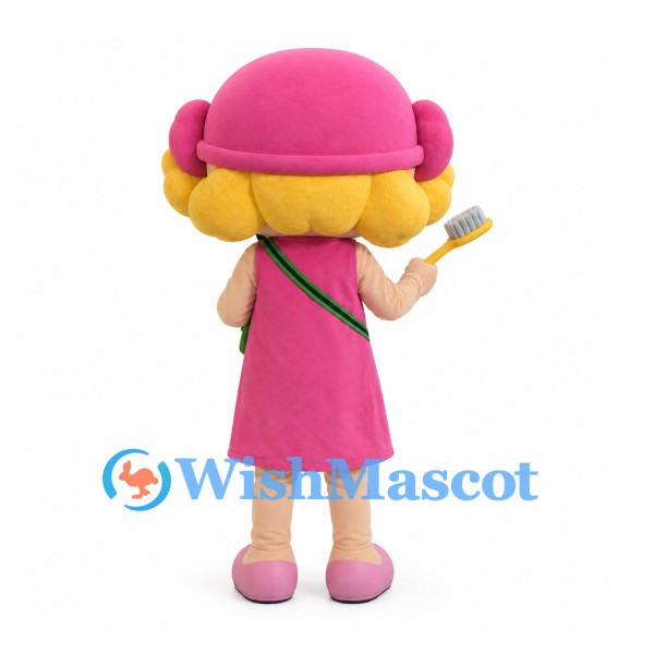 Girl Mascot Costume with Pink Hat, Dress and Green Shoulder Bag