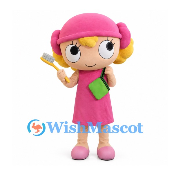 Girl Mascot Costume with Pink Hat, Dress and Green Shoulder Bag