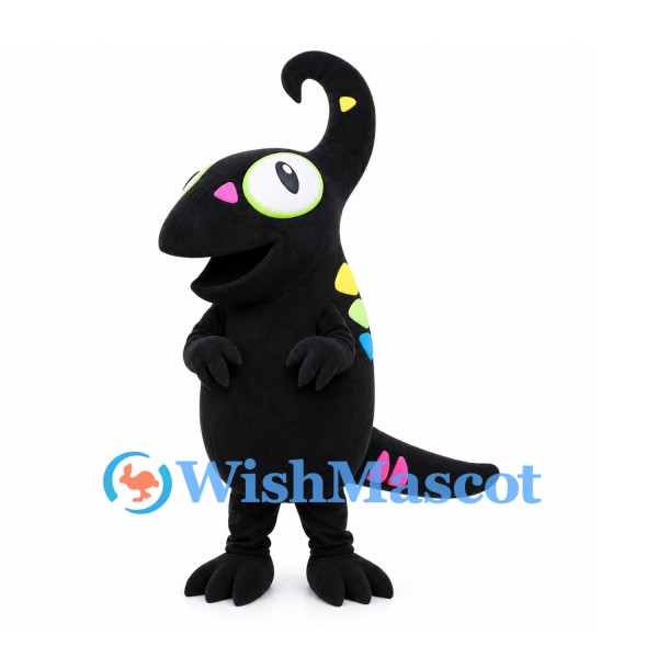Alien Mascot Costume in Black with Curved Head and Pink Markings