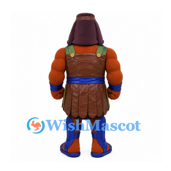 Warrior Mascot Costume with Brown Armor and Blue Boots
