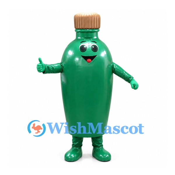 Bottle Mascot Costume in Green with Gold Cap