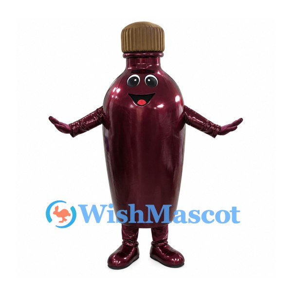 Bottle Mascot Costume in Burgundy with Gold Cap