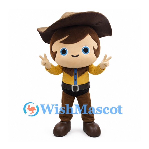 Cowboy Boy Mascot Costume with Brown Hat and Yellow Shirt