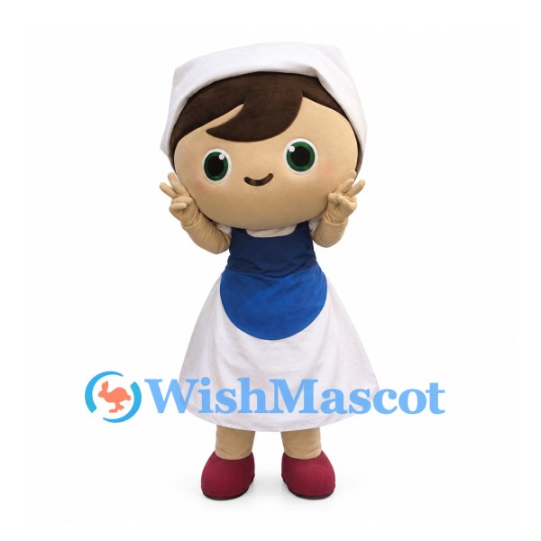 Girl Mascot Costume with White Bonnet and Blue Apron