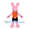 Rabbit Mascot Costume in Pink with Orange Shirt and Black Shorts