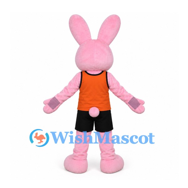 Rabbit Mascot Costume in Pink with Orange Shirt and Black Shorts