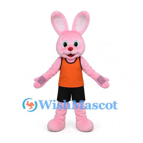 Rabbit Mascot Costume in Pink with Orange Shirt and Black Shorts