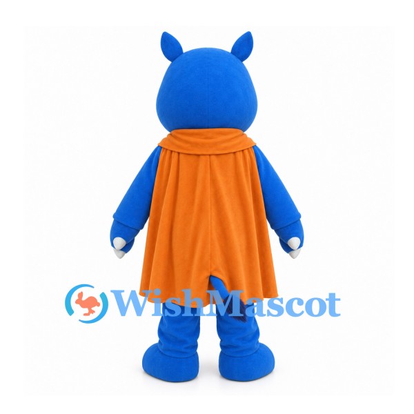Rhino Mascot Costume in Blue with Orange Superhero Cape