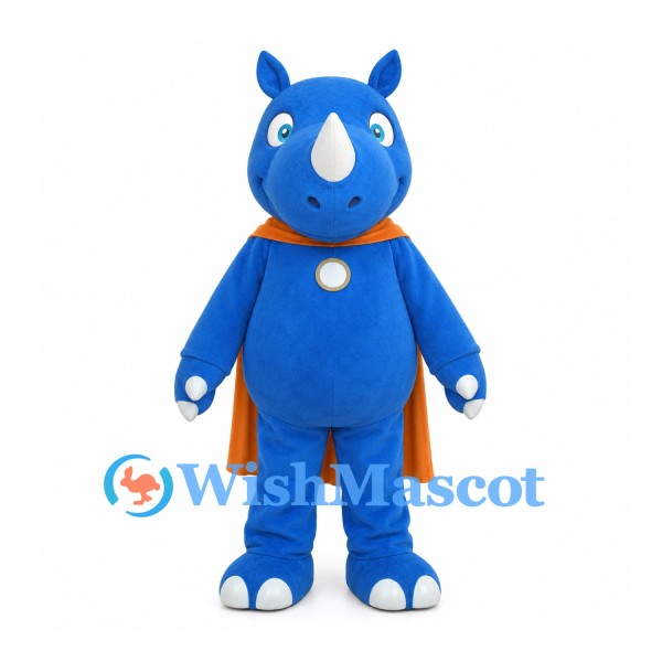 Rhino Mascot Costume in Blue with Orange Superhero Cape