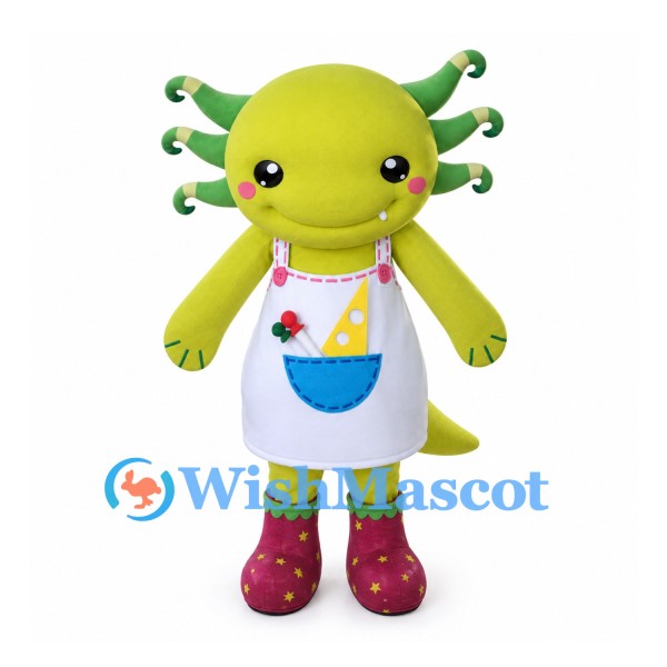 Axolotl Mascot Costume in Green with White Floral Apron