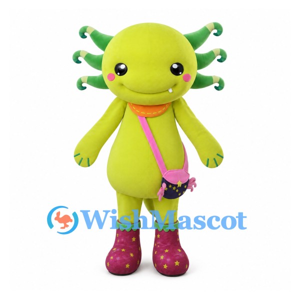 Axolotl Mascot Costume in Green with Pink Shoulder Bag