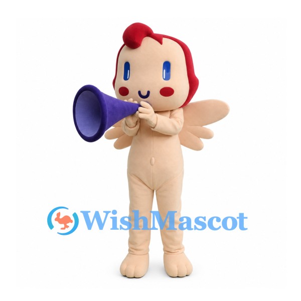 Angel Mascot Costume with Red Hair, Wings and Purple Horn