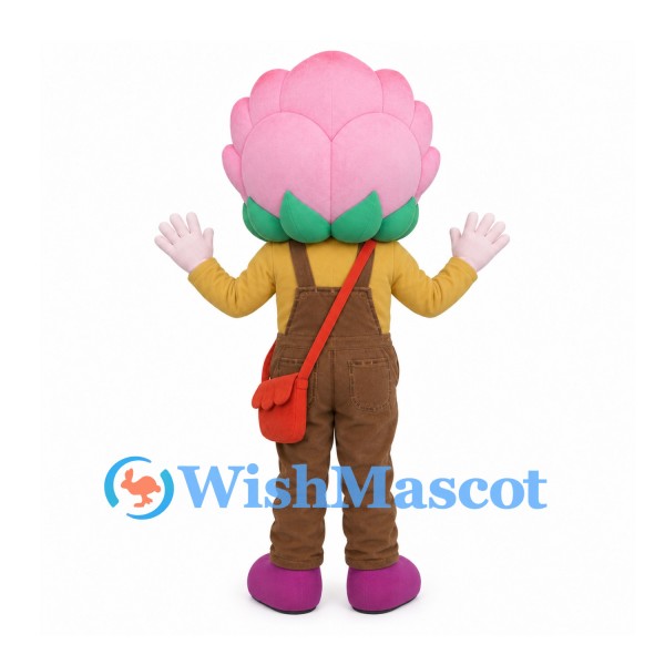 Flower Mascot Costume with Pink Petals and Brown Overalls