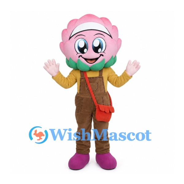 Flower Mascot Costume with Pink Petals and Brown Overalls